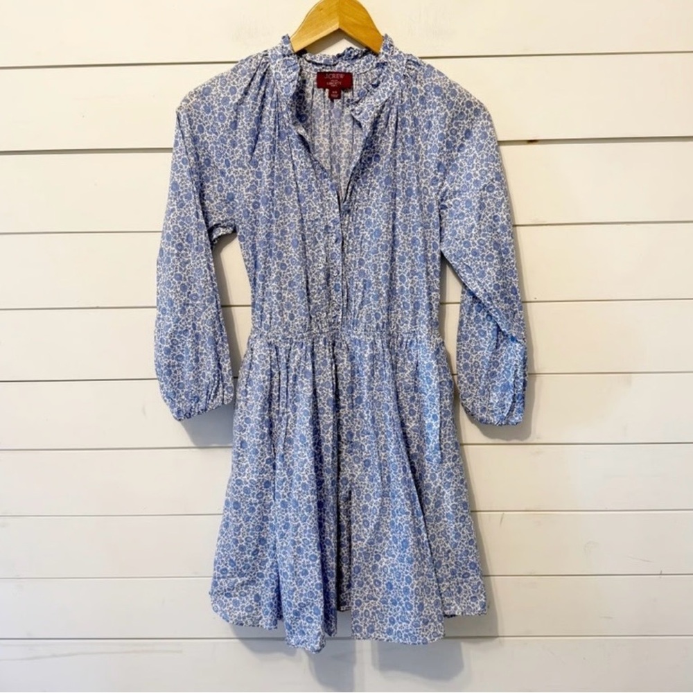 Jcrew Blue Floral Button-Front Ruffle Dress